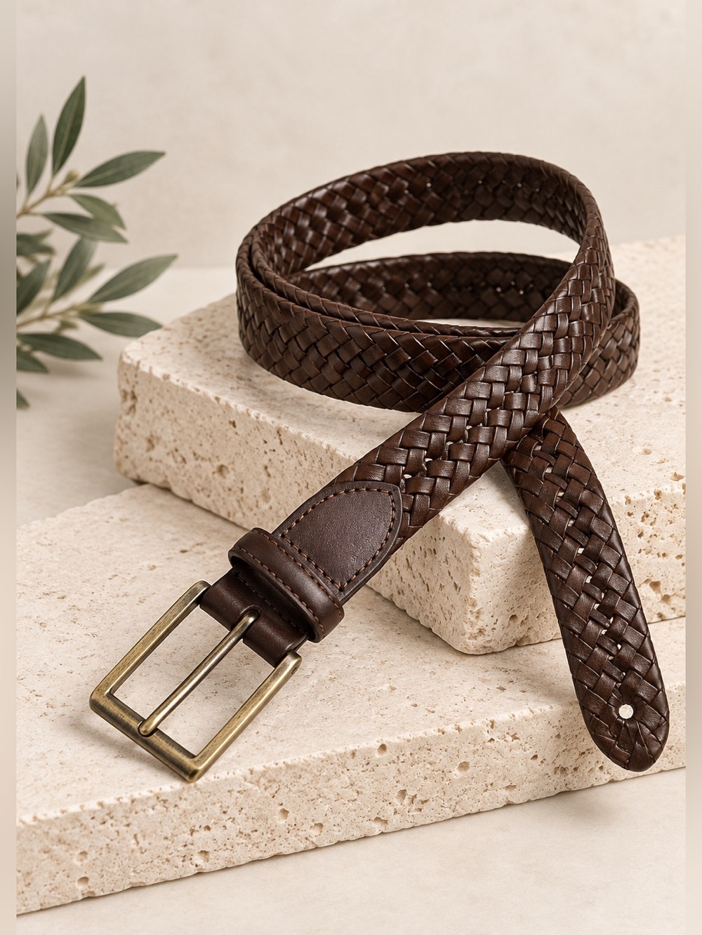 VTG Lands’ End Braided Brown Leather Belt | Size 35 | Classic Casual Style